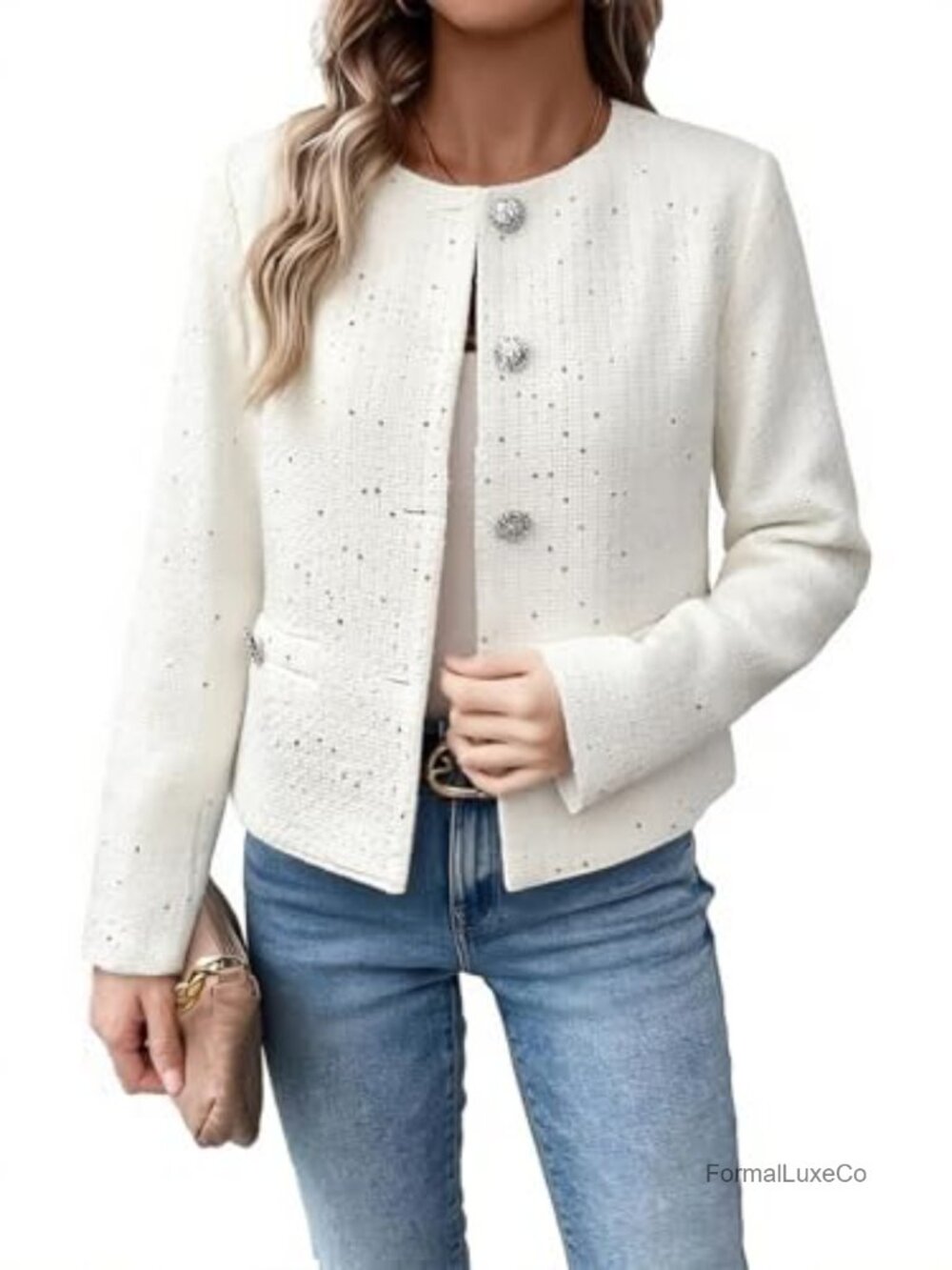 Tweed Sequin Blazer - Cropped Sparkly Jacket - Casual Evening Layer - Picture 3 of 5